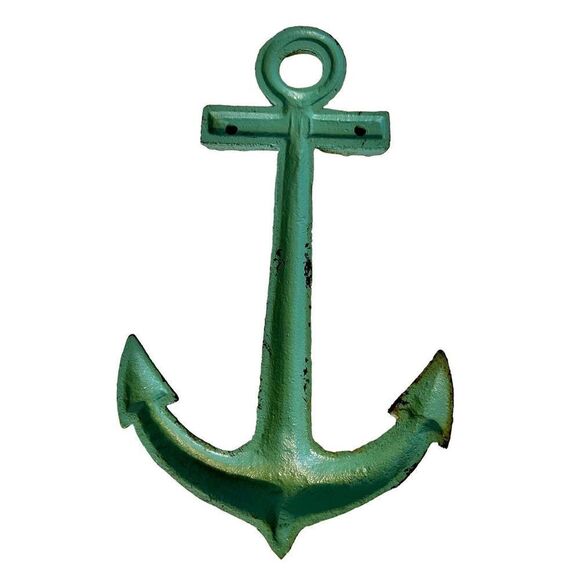 Nautical Anchor Green & Gold Cast Iron Anchor Wall Hanging Decor Beach House - Picture 2 of 4